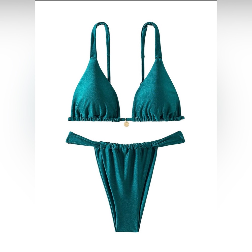 Teal Adjustable Tie Bikini Set Swimwear with Gold Center Charm